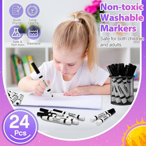Janlaugh 24-Pack Black Washable Markers, Broad Conical Tip, Non-Toxic, Bulk for Kids Art Projects