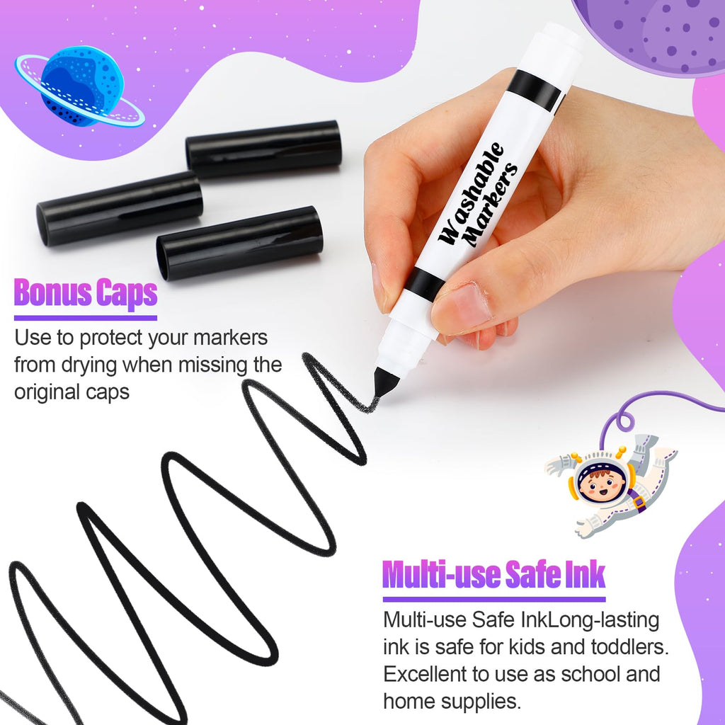 Janlaugh 24-Pack Black Washable Markers, Broad Conical Tip, Non-Toxic, Bulk for Kids Art Projects