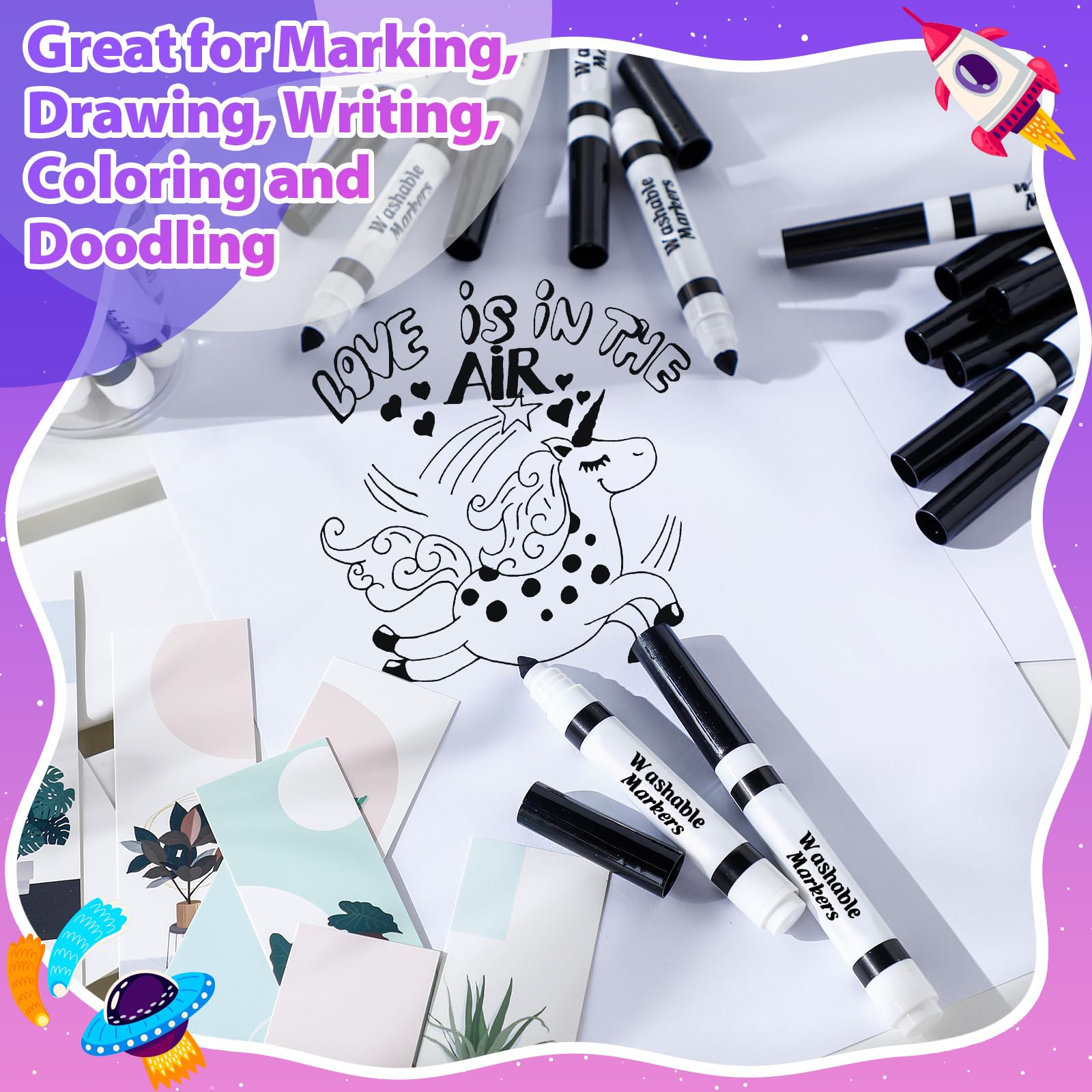 Janlaugh 24-Pack Black Washable Markers, Broad Conical Tip, Non-Toxic, Bulk for Kids Art Projects