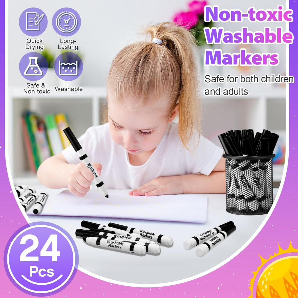 Janlaugh 24-Pack Black Washable Markers, Broad Conical Tip, Non-Toxic, Bulk for Kids Art Projects