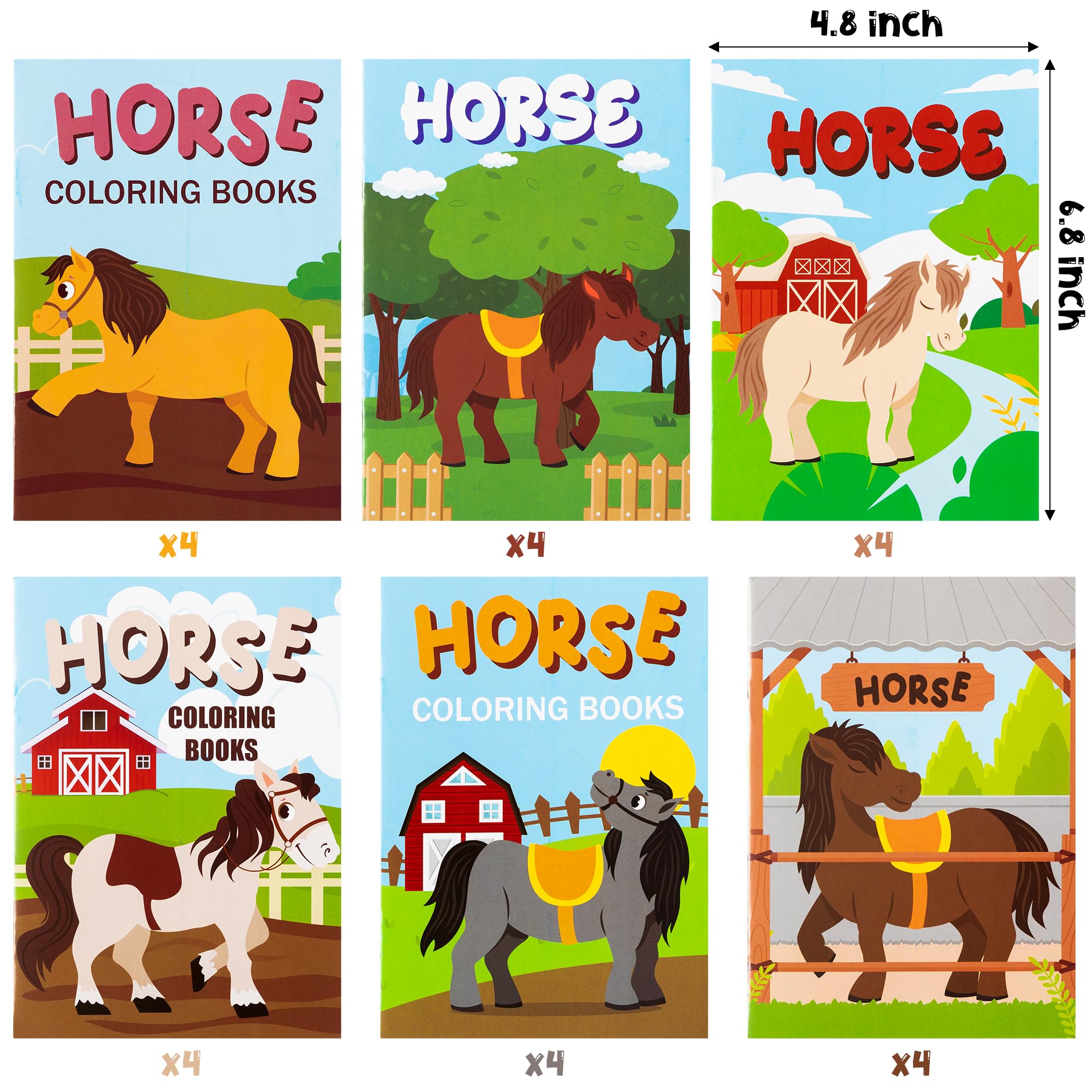JAPBOR 24-Pack Horse Coloring Books for Kids Party Favors – 6 Designs, 4.8x6.8 Inches