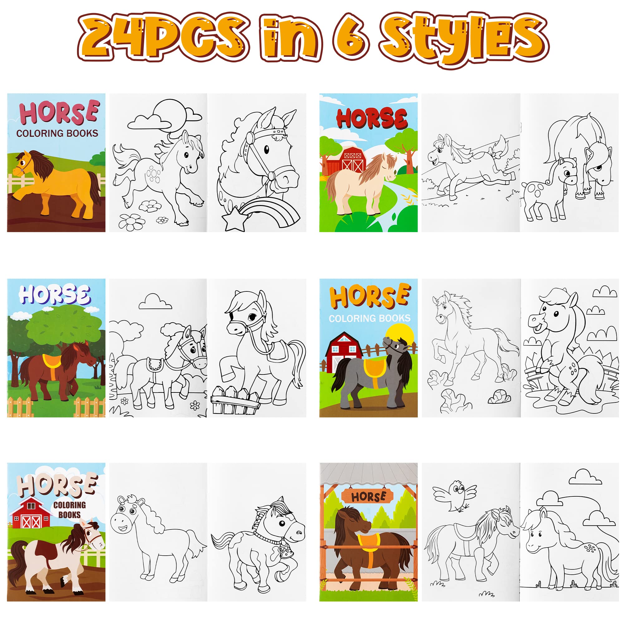 JAPBOR 24-Pack Horse Coloring Books for Kids Party Favors – 6 Designs, 4.8x6.8 Inches