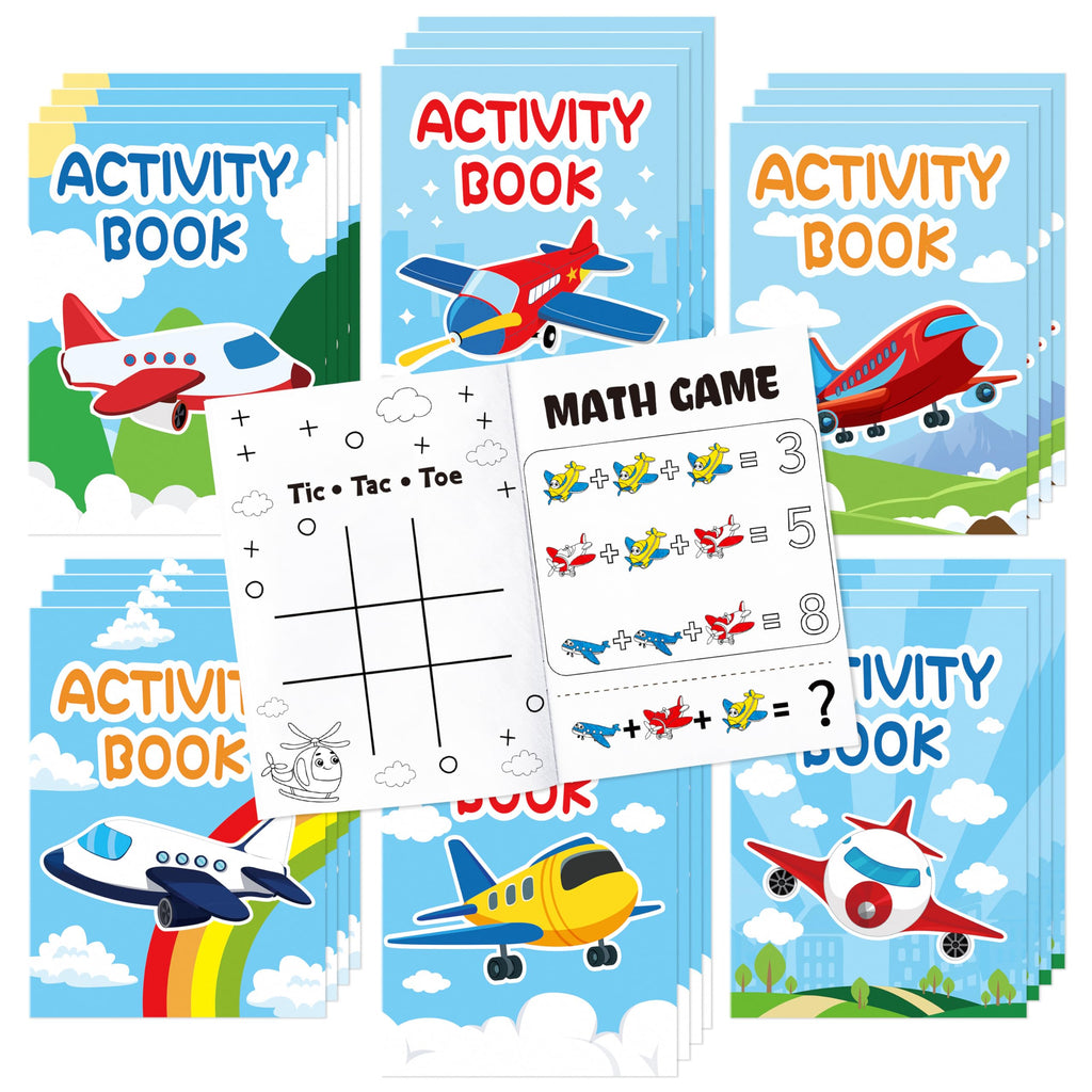 JAPBOR 24-Pack Mini Airplane Coloring Books for Kids Party Favors - 6 Designs, Activity Games Included