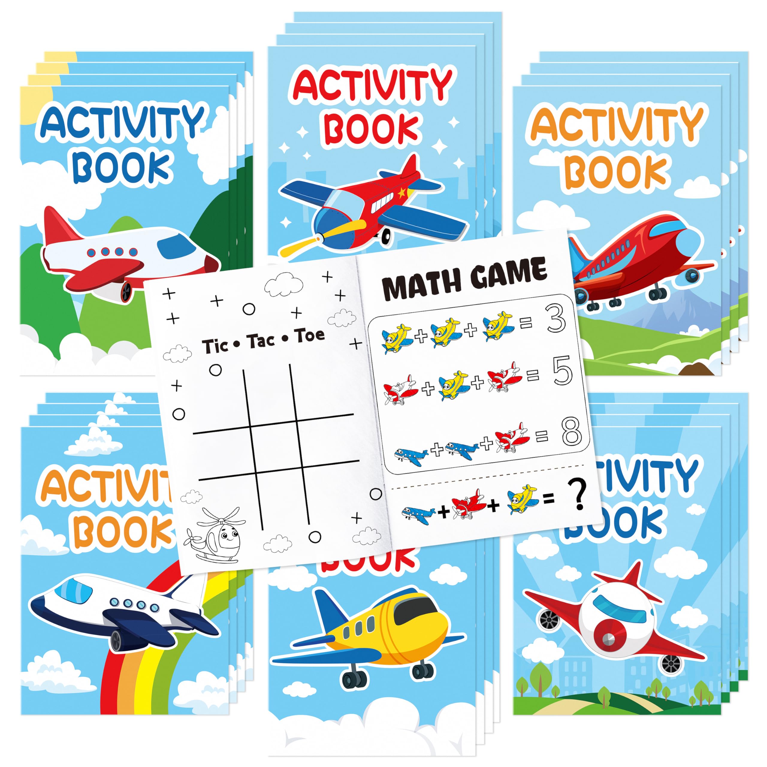 JAPBOR 24-Pack Mini Airplane Coloring Books for Kids Party Favors - 6 Designs, Activity Games Included
