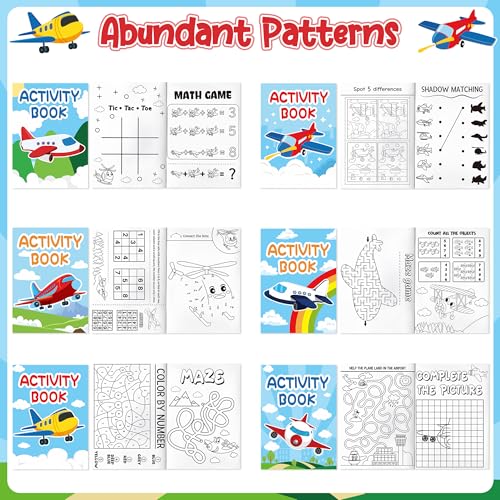 JAPBOR 24-Pack Mini Airplane Coloring Books for Kids Party Favors - 6 Designs, Activity Games Included