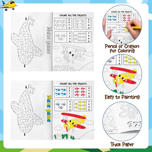 JAPBOR 24-Pack Mini Airplane Coloring Books for Kids Party Favors - 6 Designs, Activity Games Included