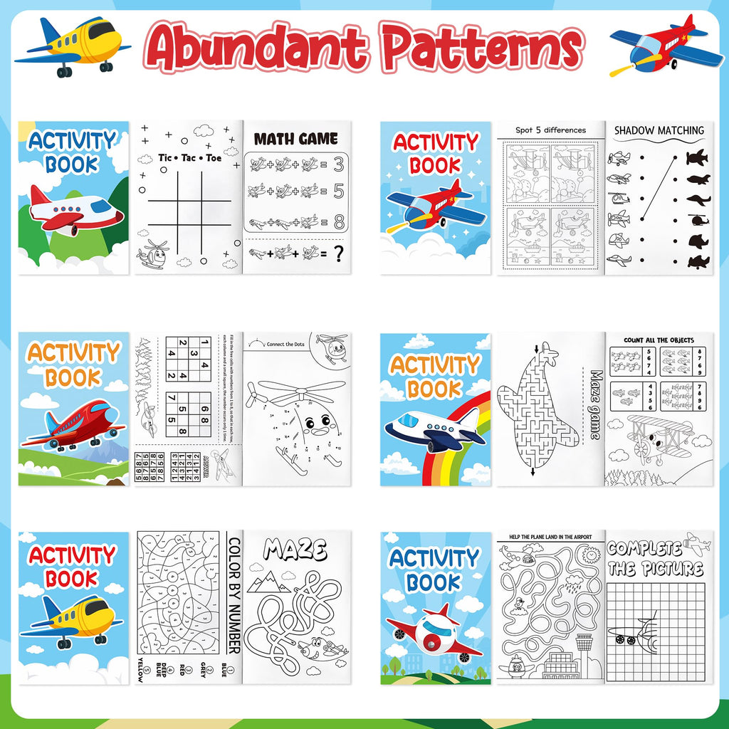 JAPBOR 24-Pack Mini Airplane Coloring Books for Kids Party Favors - 6 Designs, Activity Games Included