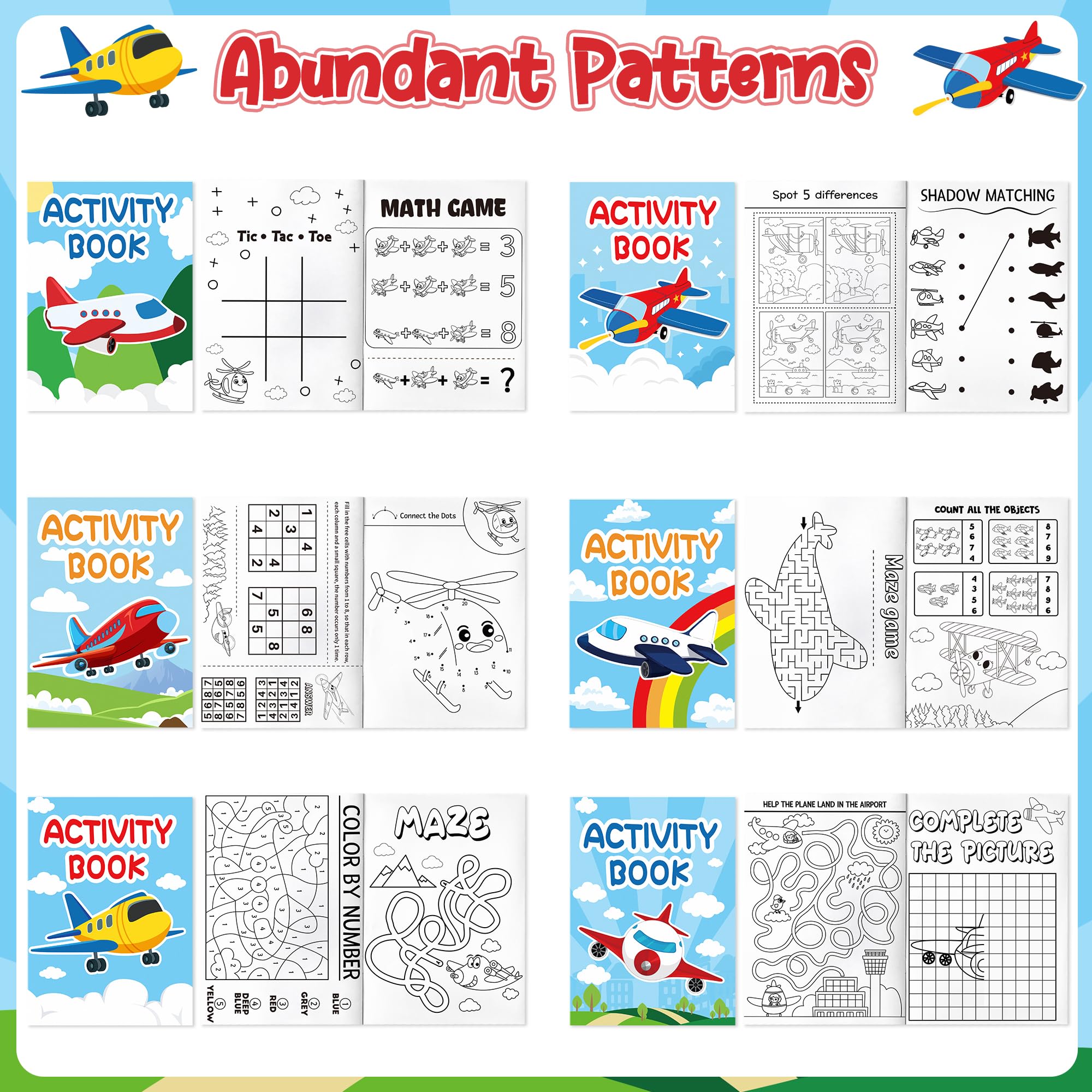 JAPBOR 24-Pack Mini Airplane Coloring Books for Kids Party Favors - 6 Designs, Activity Games Included
