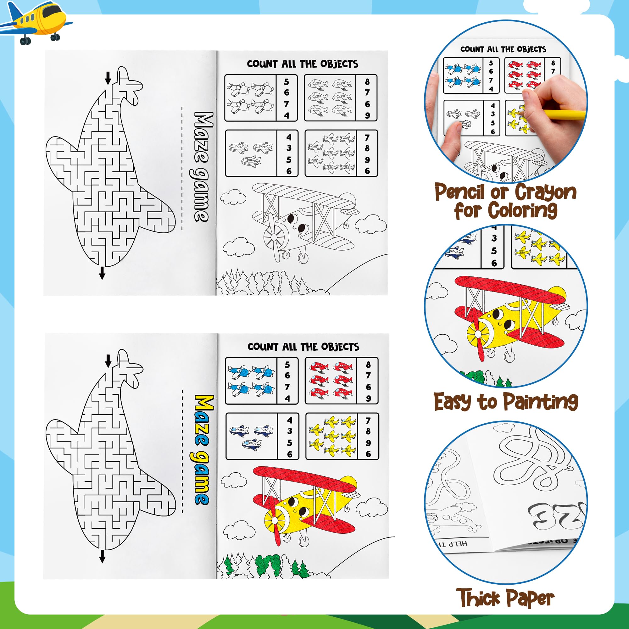 JAPBOR 24-Pack Mini Airplane Coloring Books for Kids Party Favors - 6 Designs, Activity Games Included