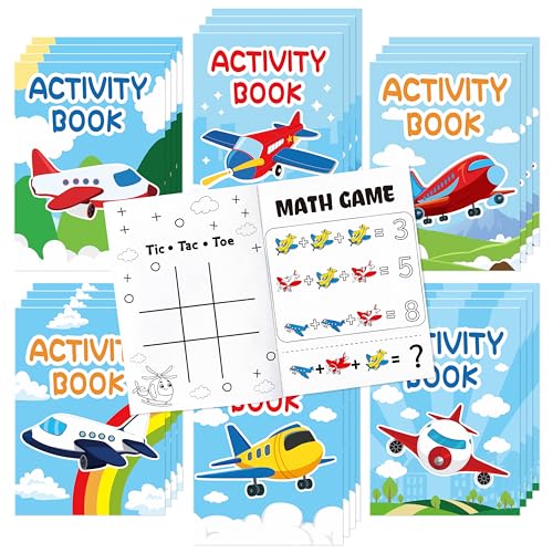 JAPBOR 24-Pack Mini Airplane Coloring Books for Kids Party Favors - 6 Designs, Activity Games Included