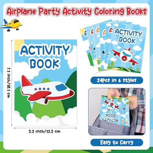 JAPBOR 24-Pack Mini Airplane Coloring Books for Kids Party Favors - 6 Designs, Activity Games Included