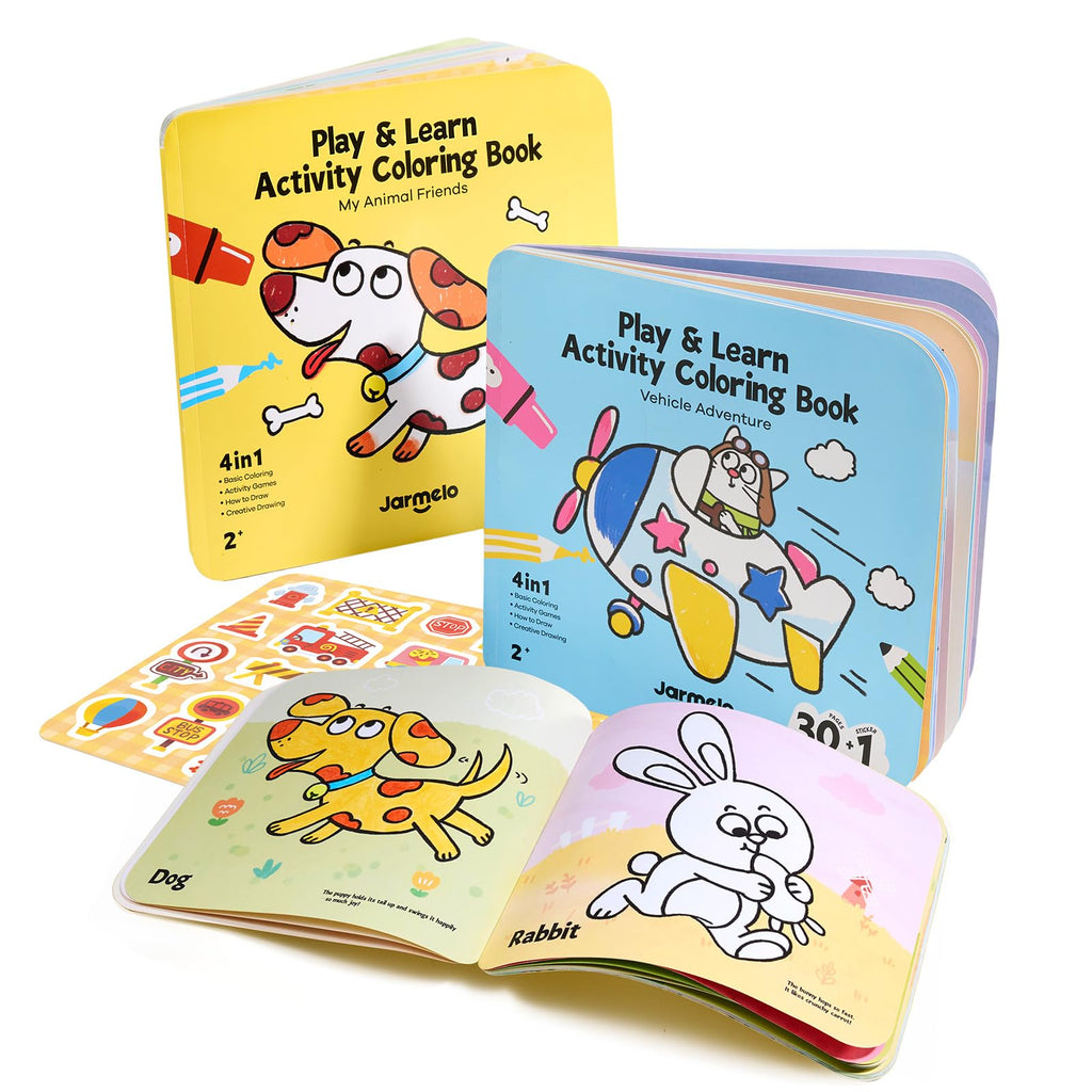 Jar Melo Toddler Coloring Books Ages 2-4: Animals & Vehicles 2-Pack with Stickers and Reward Certificate