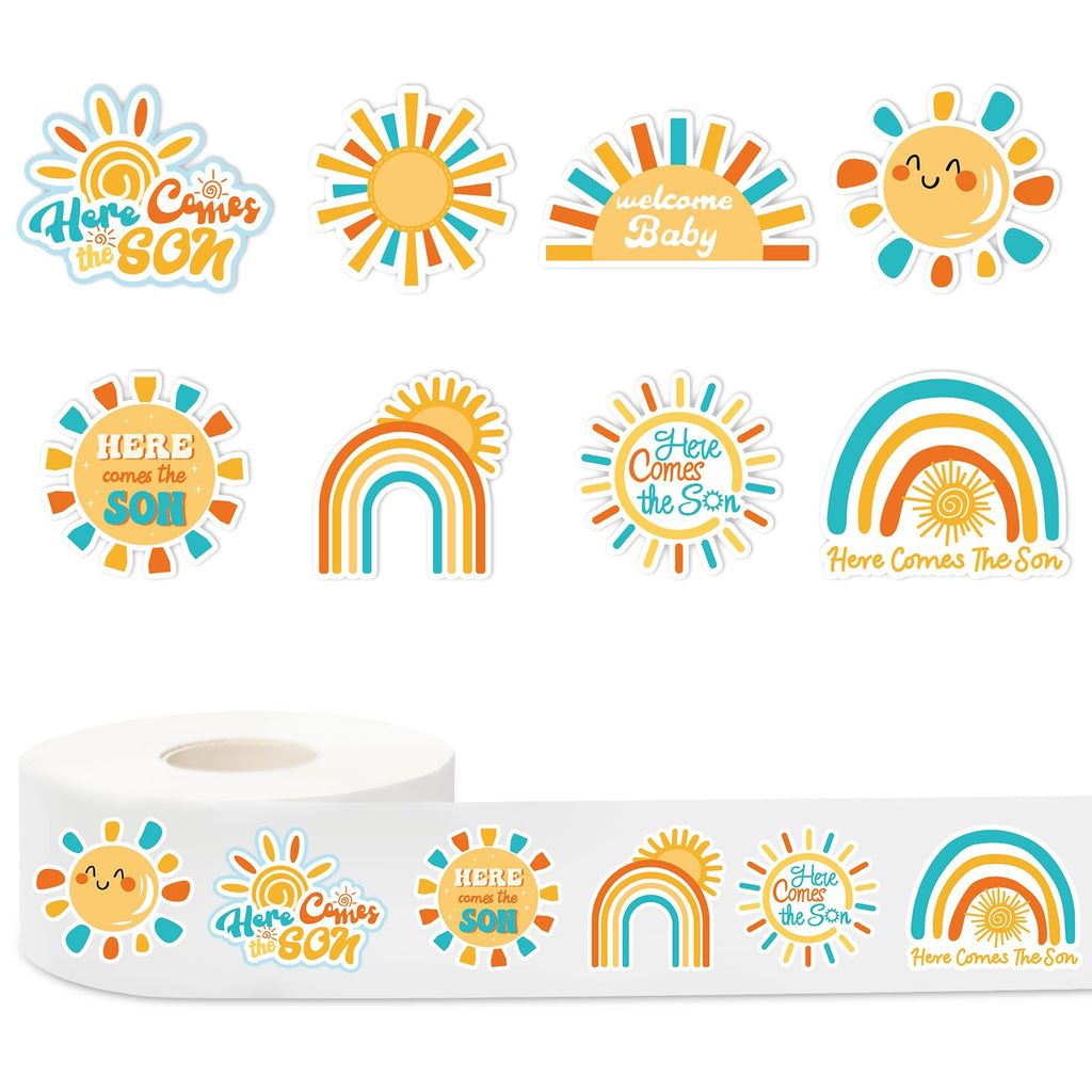 JarThenaAMCS 1000 Boho Rainbow 'Here Comes the Son' Stickers – 8 Sun Designs, Paper Self-Adhesive for Baby Shower and Party Favors