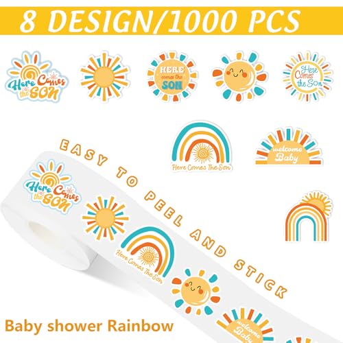 JarThenaAMCS 1000 Boho Rainbow 'Here Comes the Son' Stickers – 8 Sun Designs, Paper Self-Adhesive for Baby Shower and Party Favors