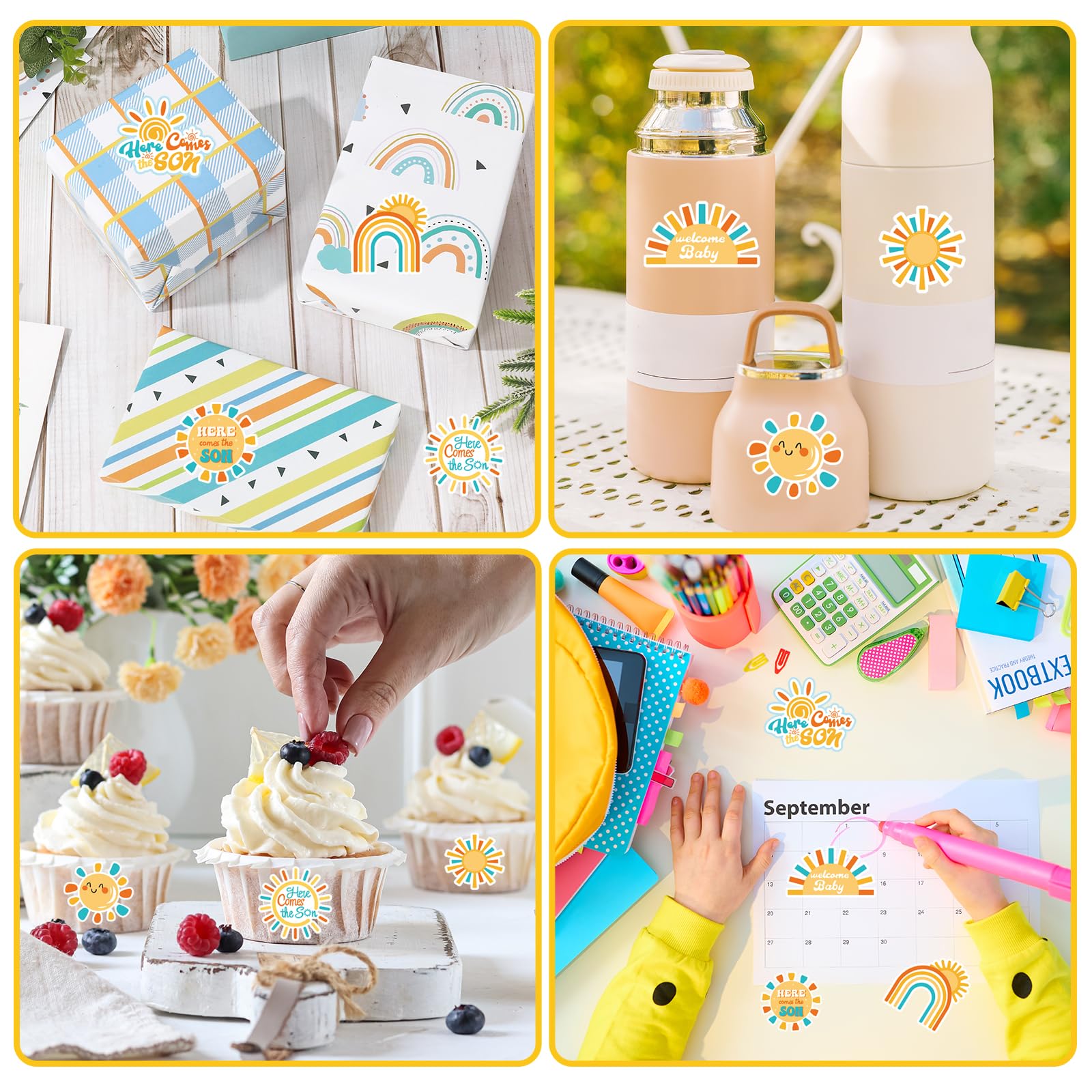 JarThenaAMCS 1000 Boho Rainbow 'Here Comes the Son' Stickers – 8 Sun Designs, Paper Self-Adhesive for Baby Shower and Party Favors