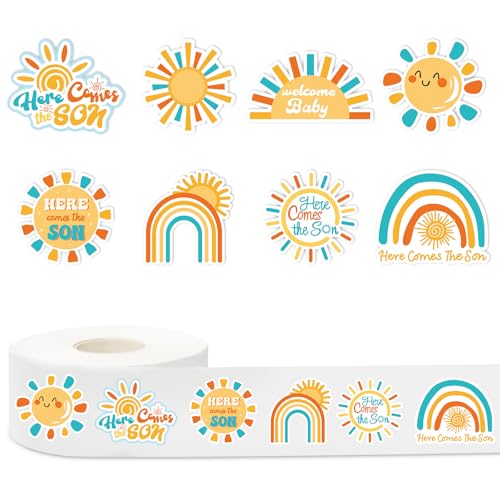 JarThenaAMCS 1000 Boho Rainbow 'Here Comes the Son' Stickers – 8 Sun Designs, Paper Self-Adhesive for Baby Shower and Party Favors