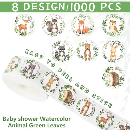 JarThenaAMCS 1000Pcs Woodland Animal Baby Shower Stickers - 8 Designs, Waterproof Adhesive Sealing Labels for Party Favors