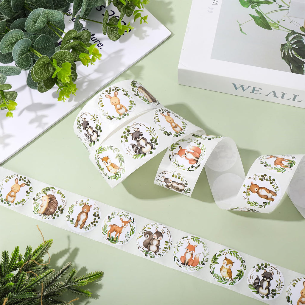 JarThenaAMCS 1000Pcs Woodland Animal Baby Shower Stickers - 8 Designs, Waterproof Adhesive Sealing Labels for Party Favors