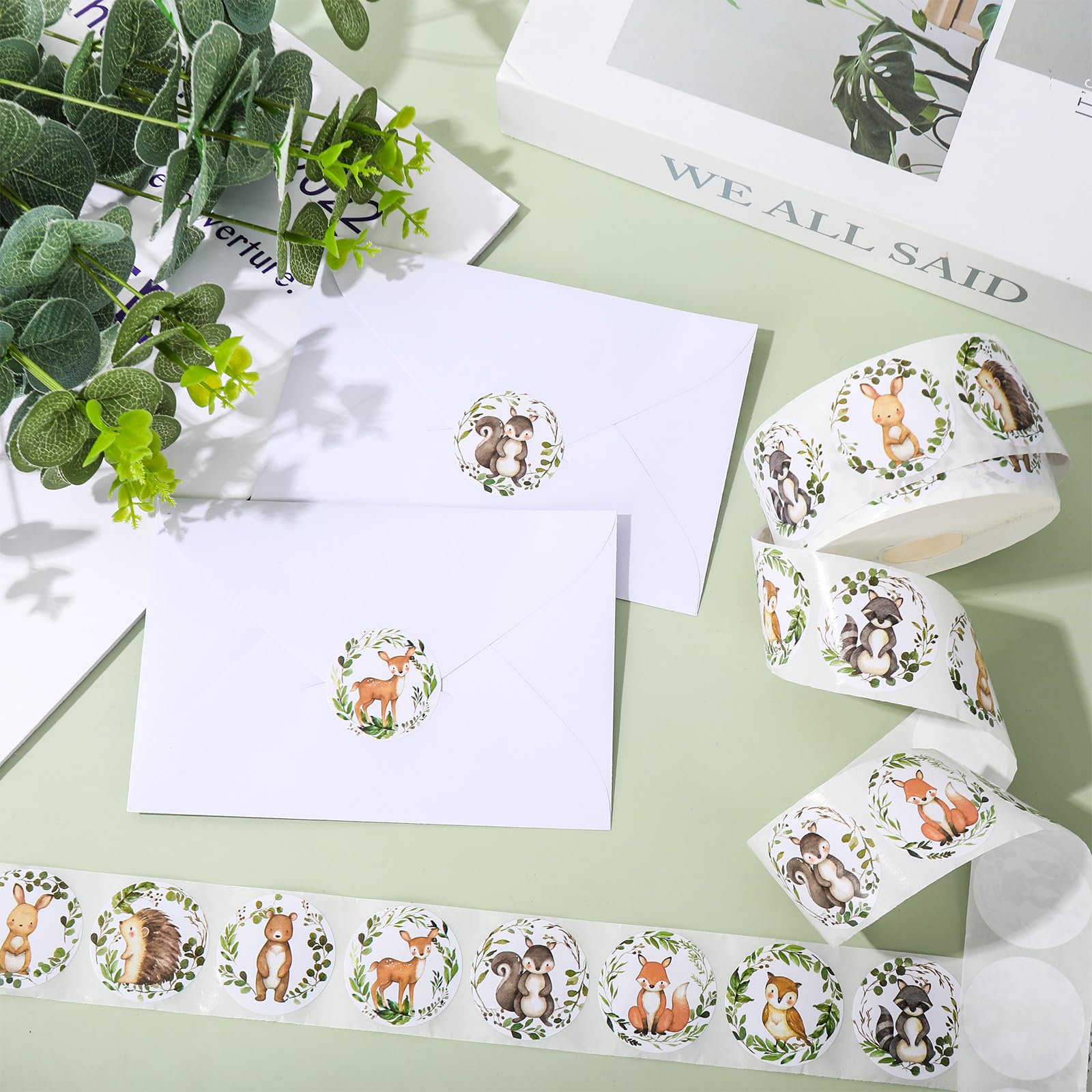 JarThenaAMCS 1000Pcs Woodland Animal Baby Shower Stickers - 8 Designs, Waterproof Adhesive Sealing Labels for Party Favors