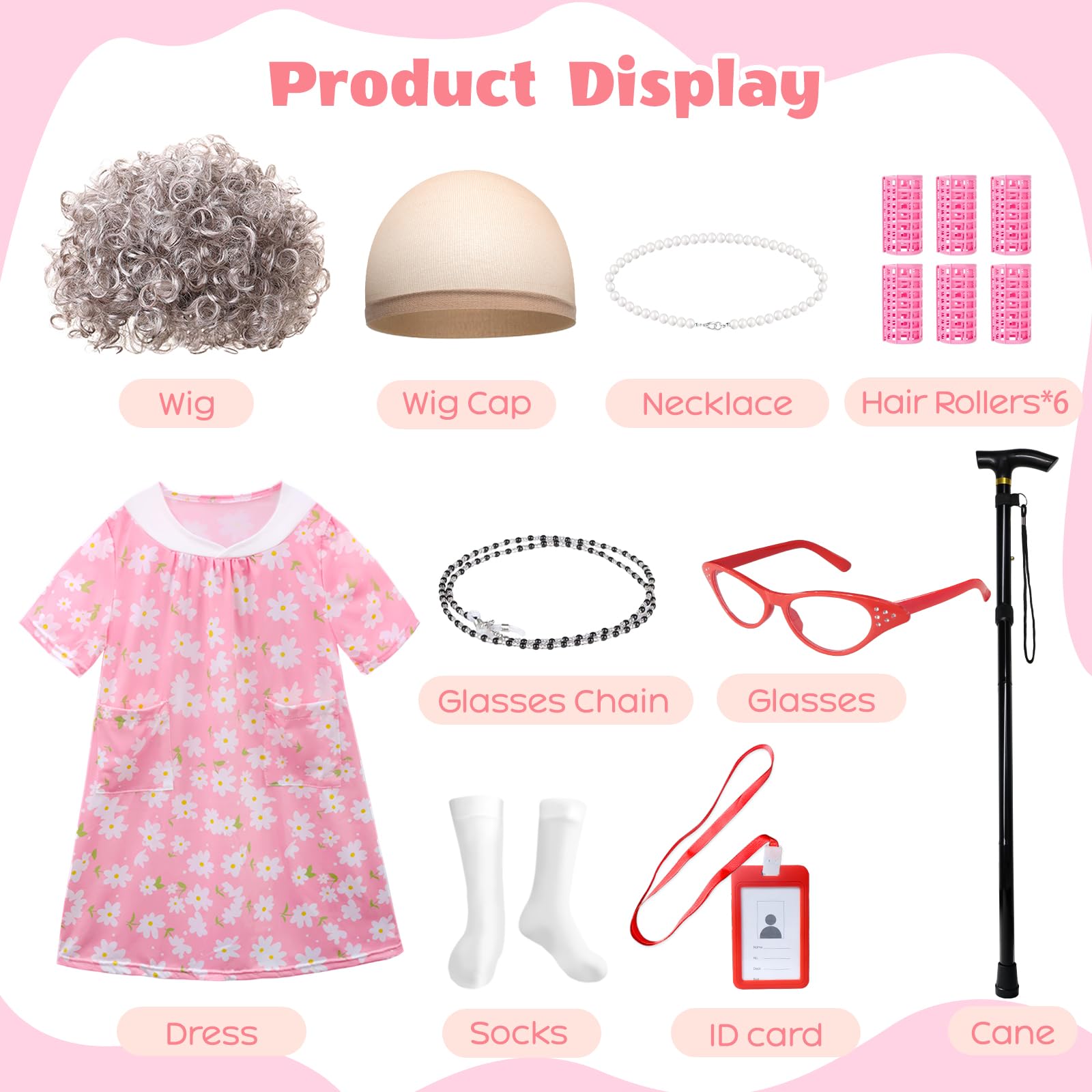 JASQQB Old Lady Costume for Kids – Complete Grandma Outfit with Wig and Accessories for 100 Days of School