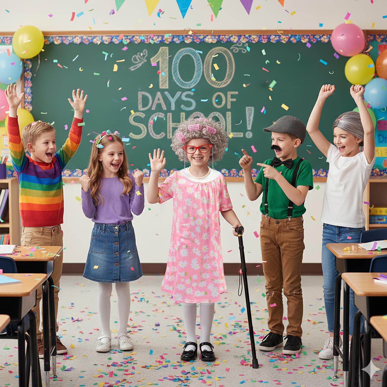 JASQQB Old Lady Costume for Kids – Complete Grandma Outfit with Wig and Accessories for 100 Days of School