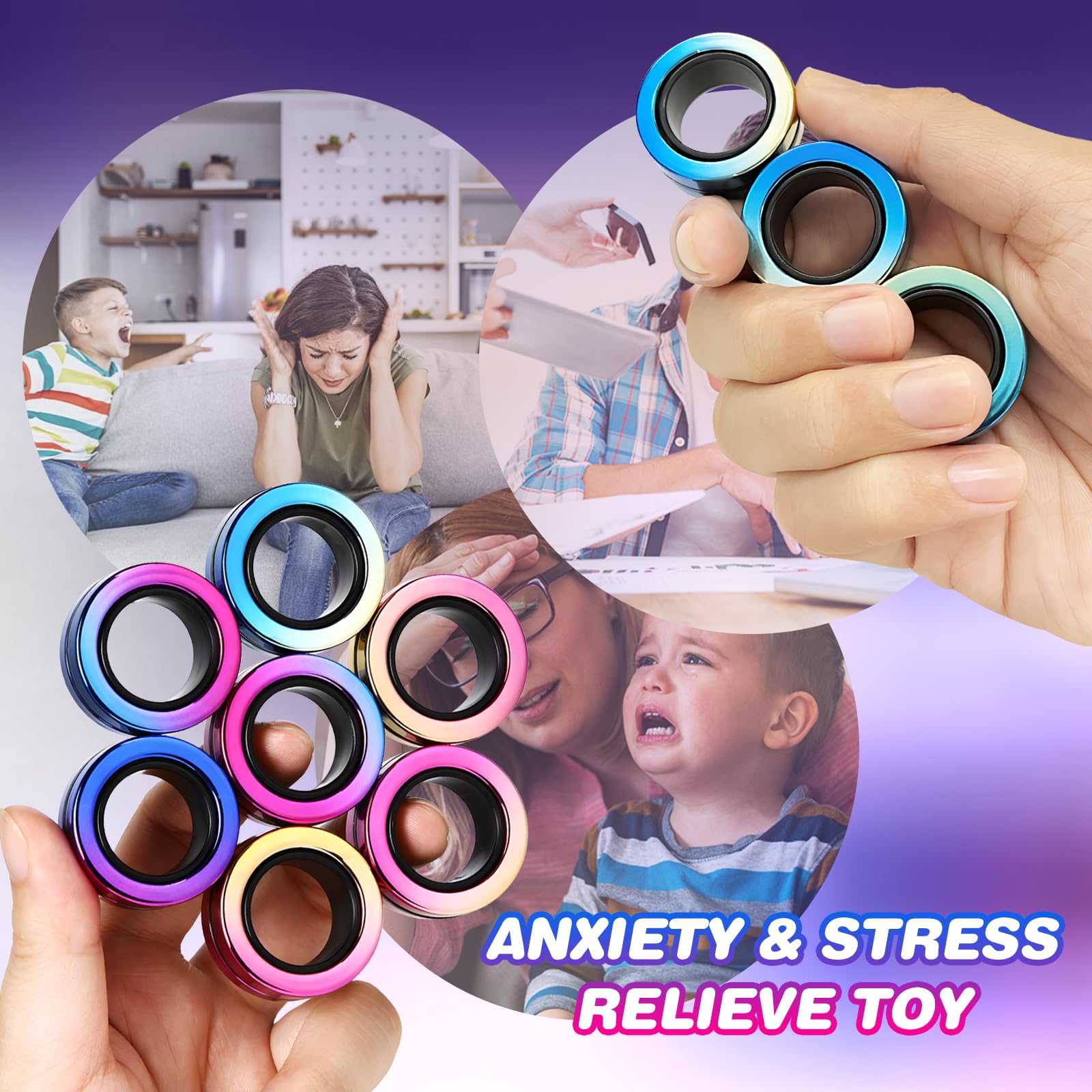 Jawhock 9 Pack Magnetic Fidget Rings for Adults & Kids – ADHD Sensory Toys for Stress Relief