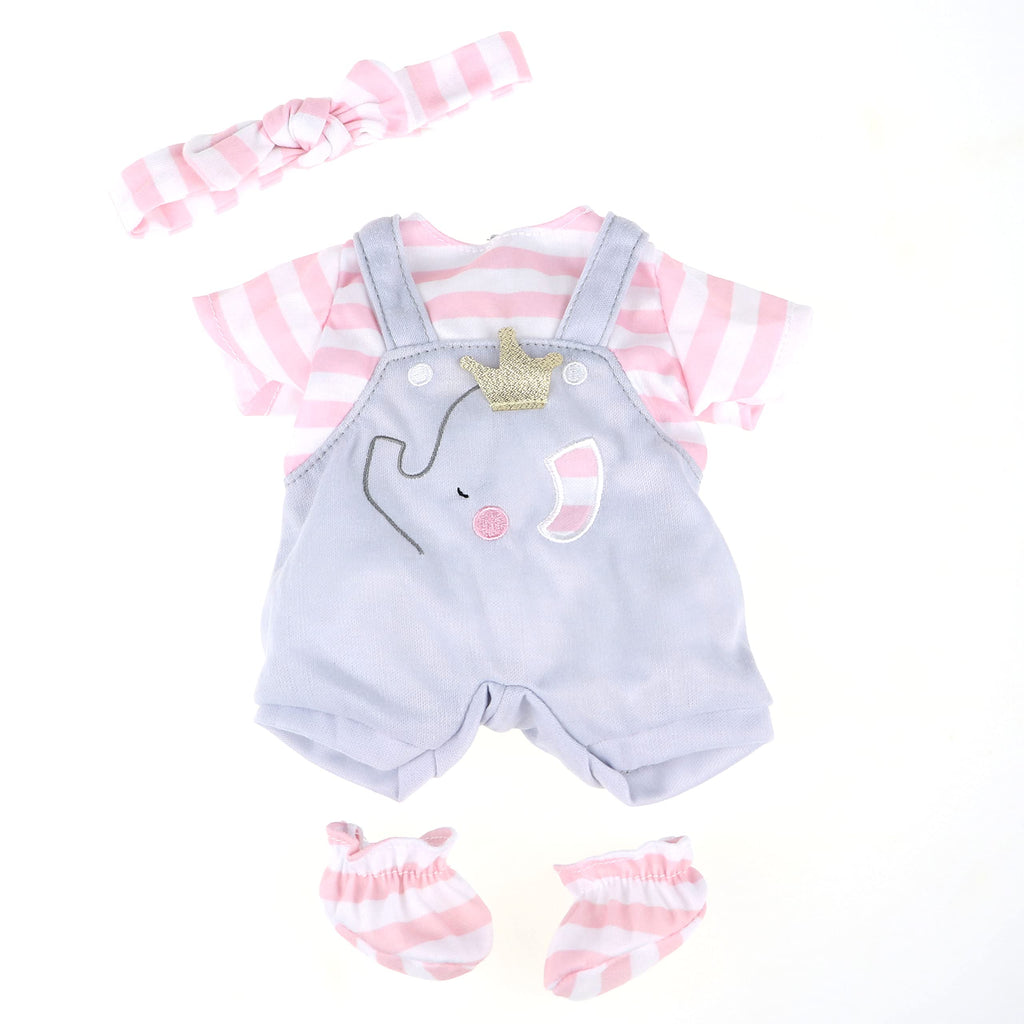 JC Toys Berenguer Boutique Baby Doll Outfit – Gray Overall Shorts with Pink Stripes, Headband & Booties, Fits Dolls 14-16 Inches