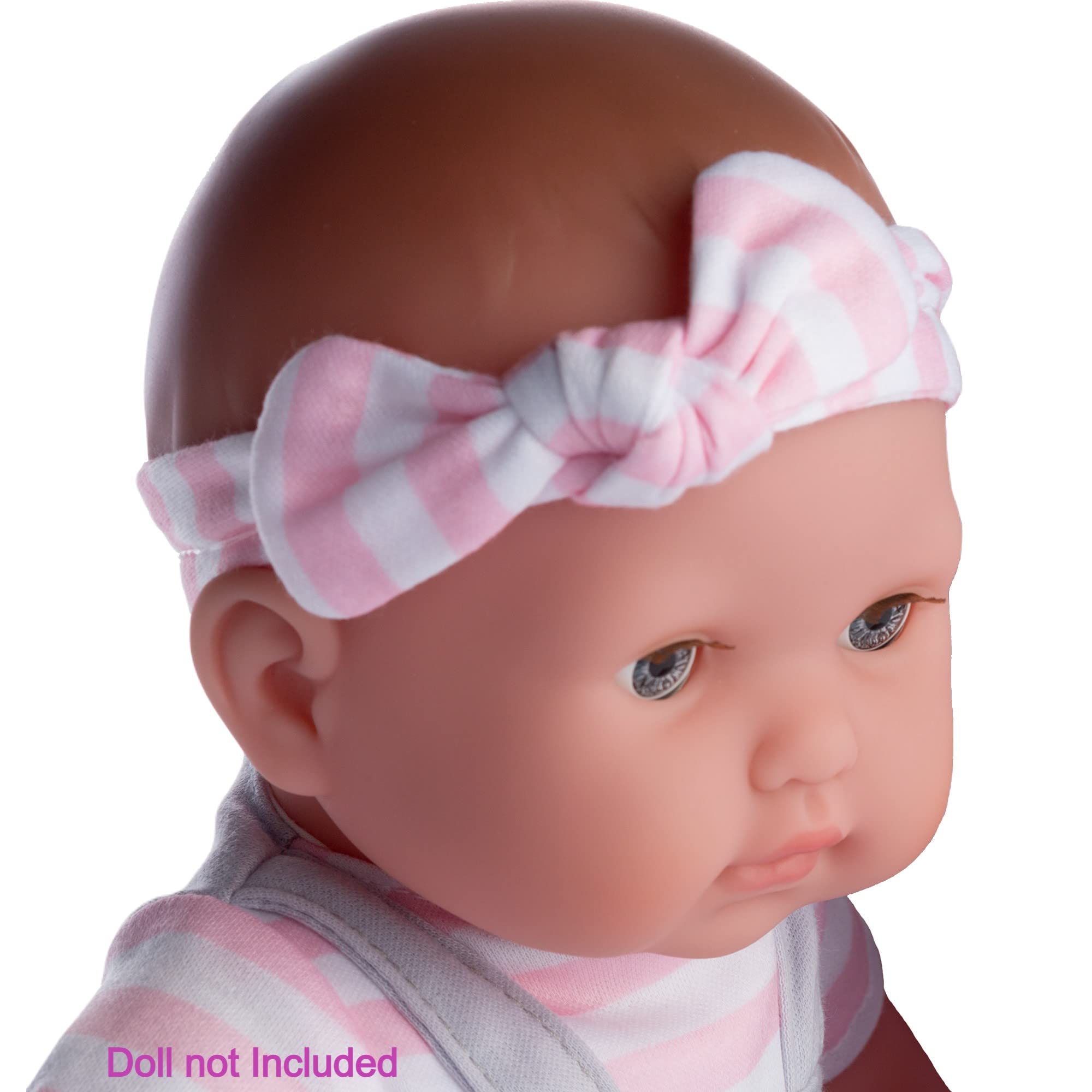 JC Toys Berenguer Boutique Baby Doll Outfit – Gray Overall Shorts with Pink Stripes, Headband & Booties, Fits Dolls 14-16 Inches