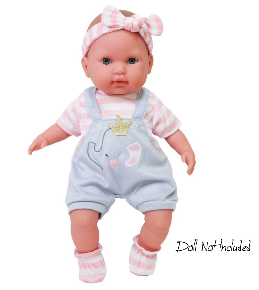 JC Toys Berenguer Boutique Baby Doll Outfit – Gray Overall Shorts with Pink Stripes, Headband & Booties, Fits Dolls 14-16 Inches