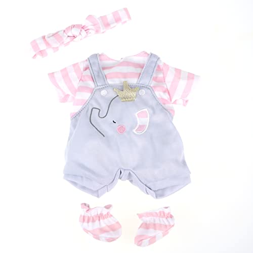 JC Toys Berenguer Boutique Baby Doll Outfit – Gray Overall Shorts with Pink Stripes, Headband & Booties, Fits Dolls 14-16 Inches
