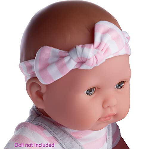 JC Toys Berenguer Boutique Baby Doll Outfit – Gray Overall Shorts with Pink Stripes, Headband & Booties, Fits Dolls 14-16 Inches