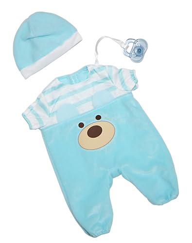 JC Toys Blue Bear Onesie for Dolls 12-14 Inches - Includes Hat and Pacifier