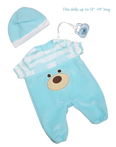 JC Toys Blue Bear Onesie for Dolls 12-14 Inches - Includes Hat and Pacifier