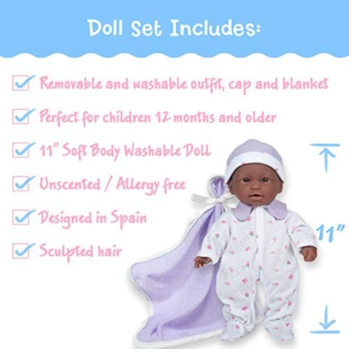 JC Toys La Baby African American 11-Inch Soft Baby Doll with Purple Outfit and Accessories for Toddlers 12 Months+