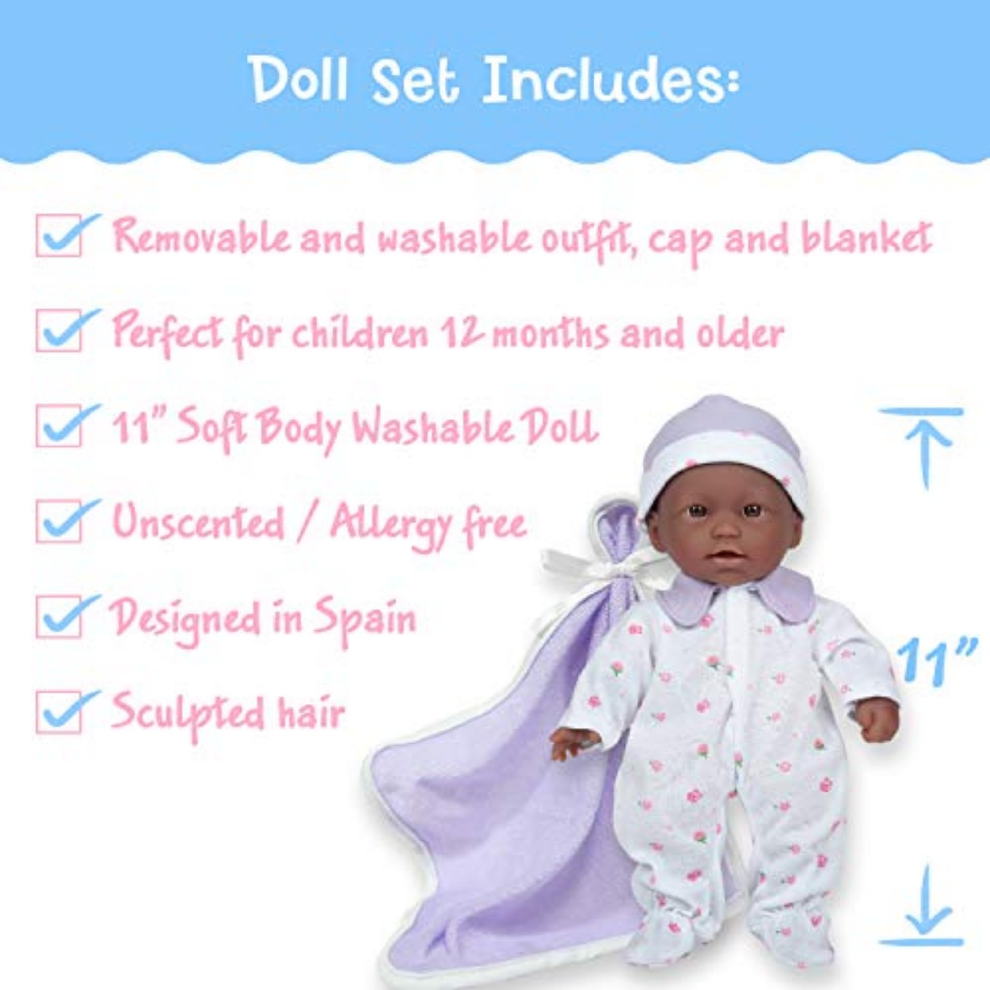 JC Toys La Baby African American 11-Inch Soft Baby Doll with Purple Outfit and Accessories for Toddlers 12 Months+