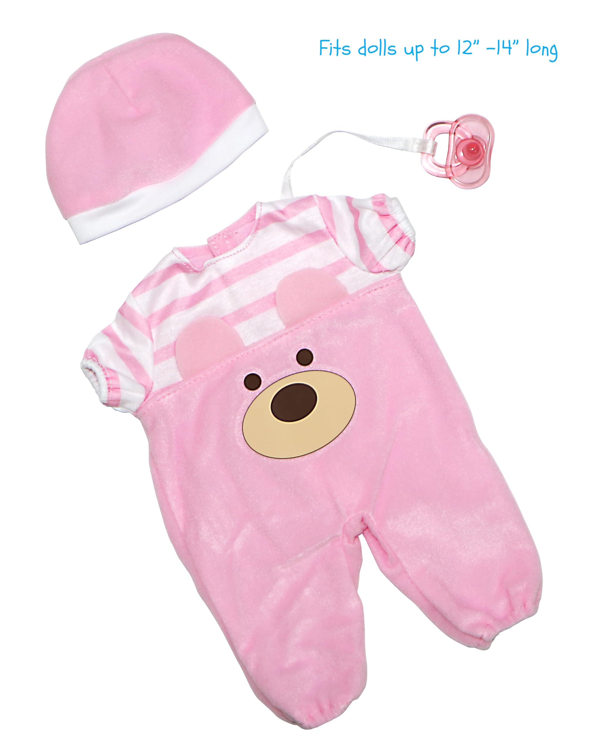 JC Toys Pink Bear Onesie Doll Outfit with Hat & Pacifier - Fits 12-14 Inch Dolls