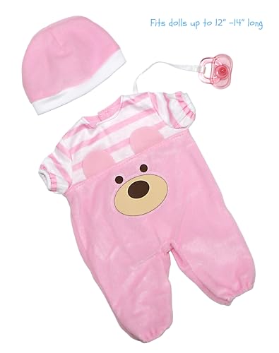 JC Toys Pink Bear Onesie Doll Outfit with Hat & Pacifier - Fits 12-14 Inch Dolls