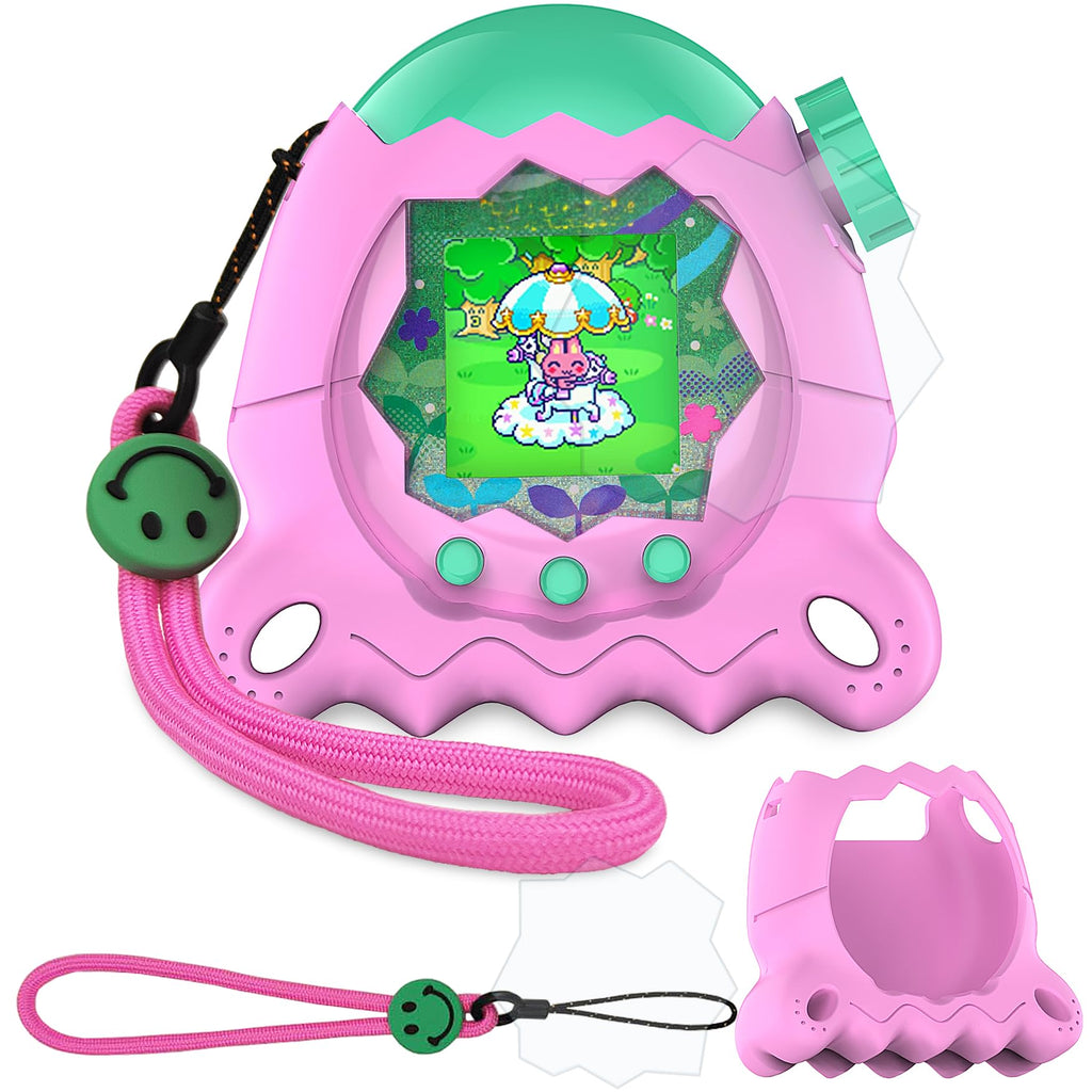 JCHPINE Pink Silicone Case for Tamagotchi Paradise with Stand, Screen Protector, and Lanyard