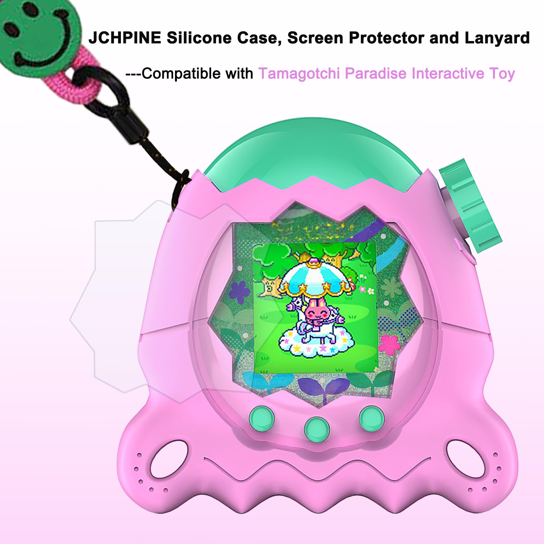 JCHPINE Pink Silicone Case for Tamagotchi Paradise with Stand, Screen Protector, and Lanyard