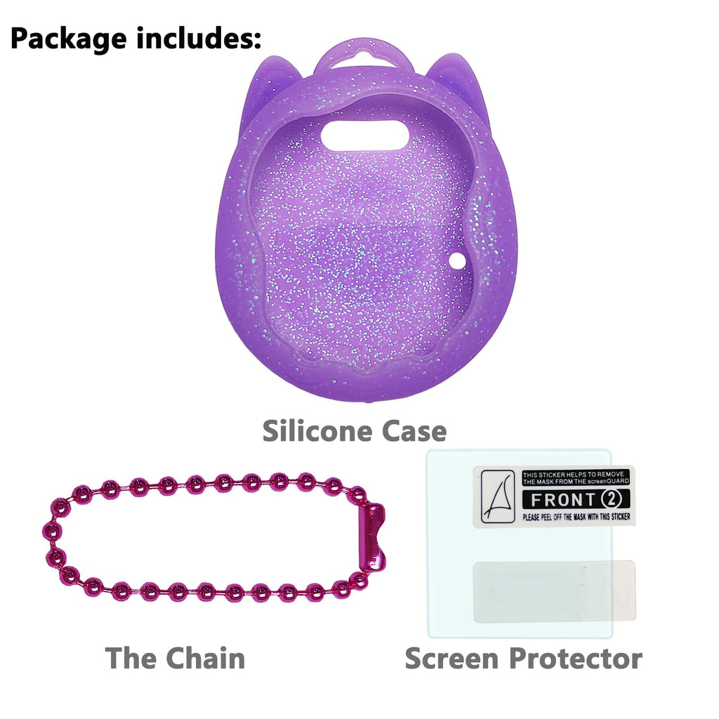 JCHPINE Purple Silicone Case and Screen Protector for Tamagotchi Uni with Color Chain
