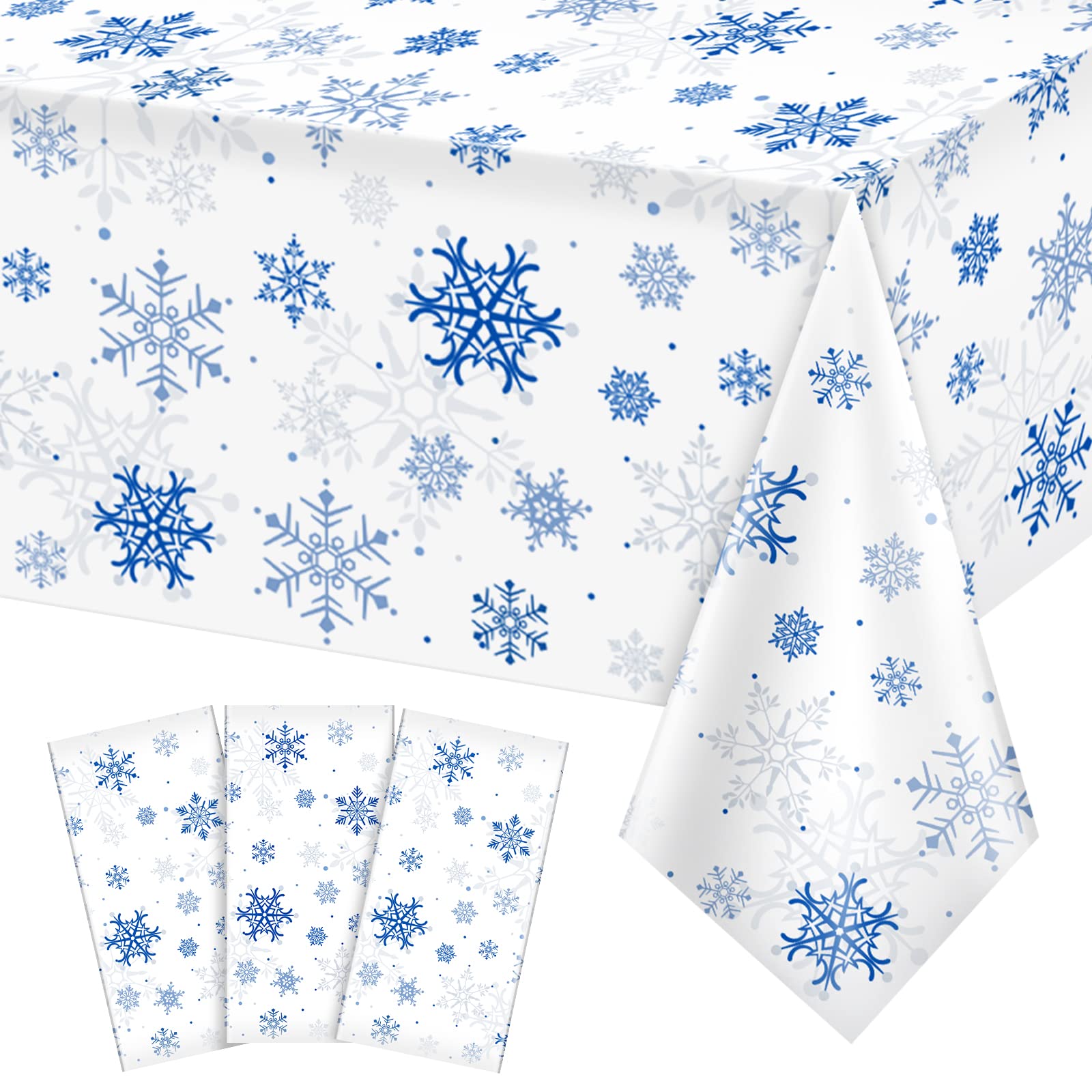 Jectivs 3-Pack Plastic Snowflake Tablecloths for Christmas Parties – 54x108 Inches, White and Blue