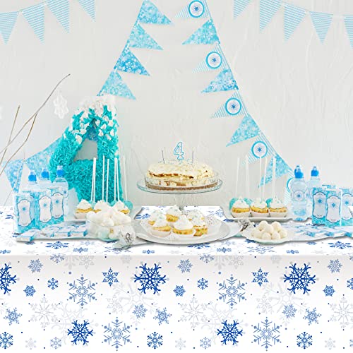 Jectivs 3-Pack Plastic Snowflake Tablecloths for Christmas Parties – 54x108 Inches, White and Blue