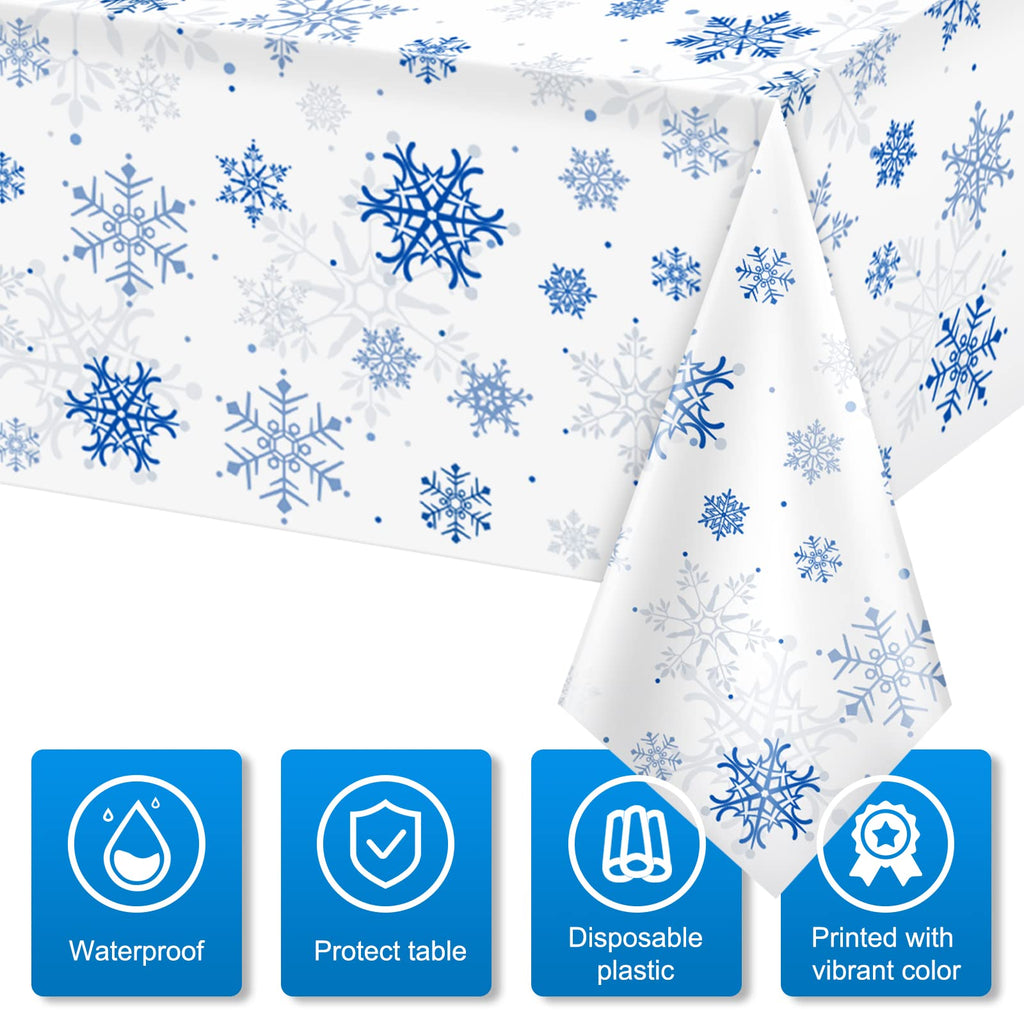 Jectivs 3-Pack Plastic Snowflake Tablecloths for Christmas Parties – 54x108 Inches, White and Blue