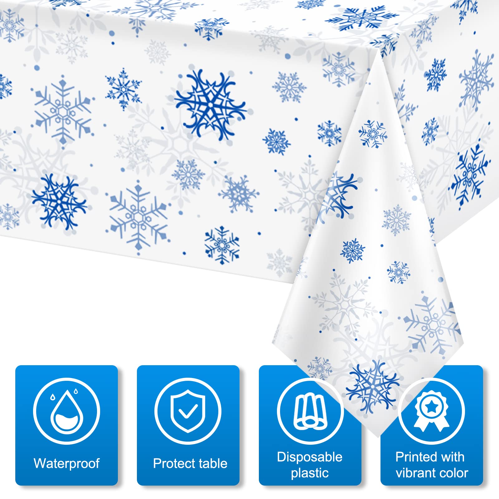 Jectivs 3-Pack Plastic Snowflake Tablecloths for Christmas Parties – 54x108 Inches, White and Blue