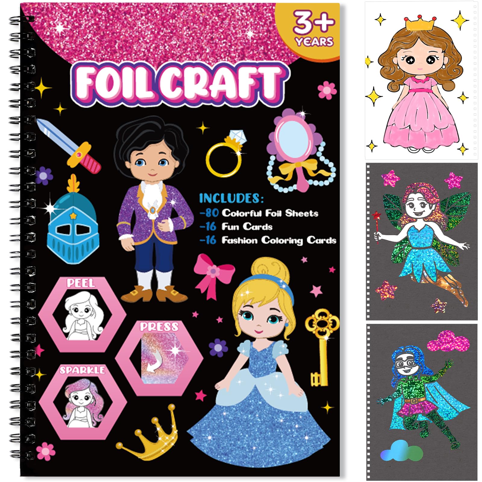 Jectivs Foil Art Kit for Kids: No Mess DIY Craft Set with 80 Foil Sheets, Princess & Mermaid Dress Up, Travel Activity for Ages 4-9