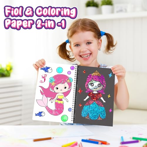 Jectivs Foil Art Kit for Kids: No Mess DIY Craft Set with 80 Foil Sheets, Princess & Mermaid Dress Up, Travel Activity for Ages 4-9