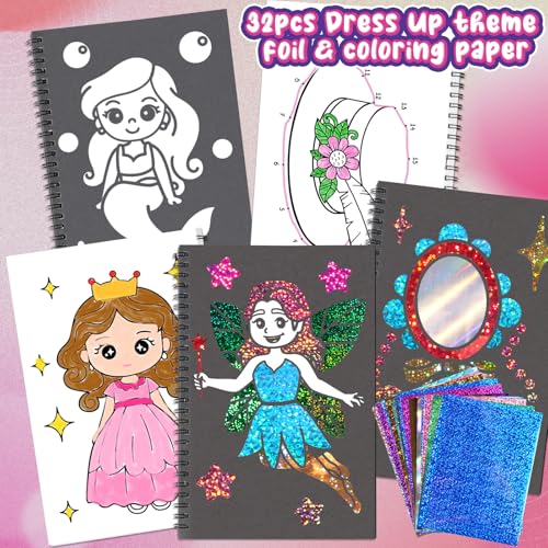 Jectivs Foil Art Kit for Kids: No Mess DIY Craft Set with 80 Foil Sheets, Princess & Mermaid Dress Up, Travel Activity for Ages 4-9