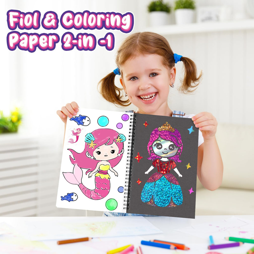 Jectivs Foil Art Kit for Kids: No Mess DIY Craft Set with 80 Foil Sheets, Princess & Mermaid Dress Up, Travel Activity for Ages 4-9