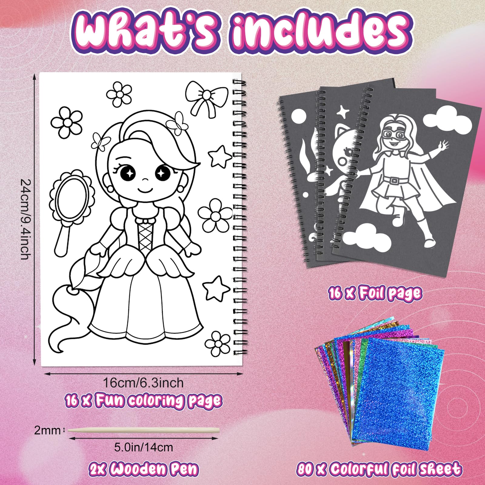 Jectivs Foil Art Kit for Kids: No Mess DIY Craft Set with 80 Foil Sheets, Princess & Mermaid Dress Up, Travel Activity for Ages 4-9