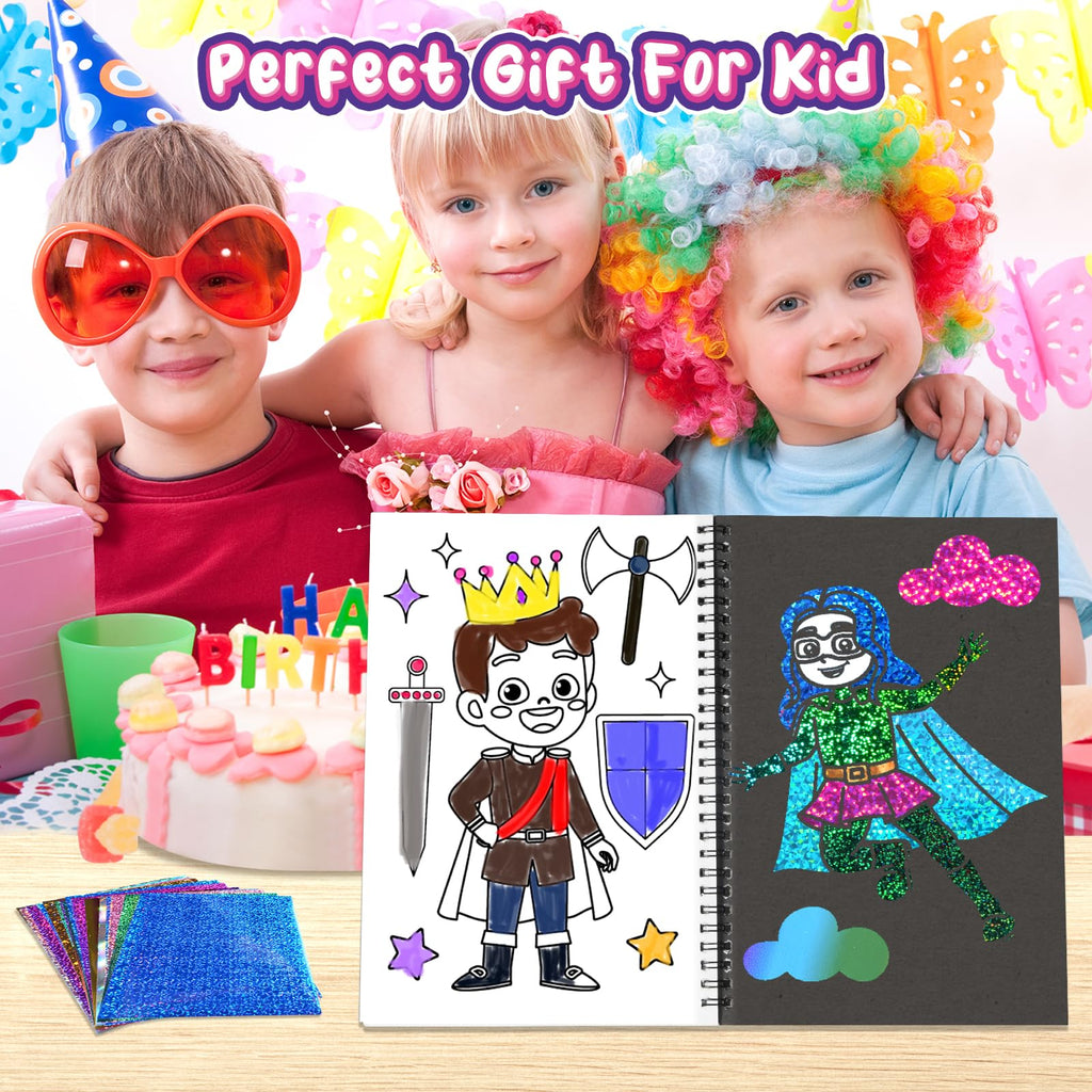 Jectivs Foil Art Kit for Kids: No Mess DIY Craft Set with 80 Foil Sheets, Princess & Mermaid Dress Up, Travel Activity for Ages 4-9